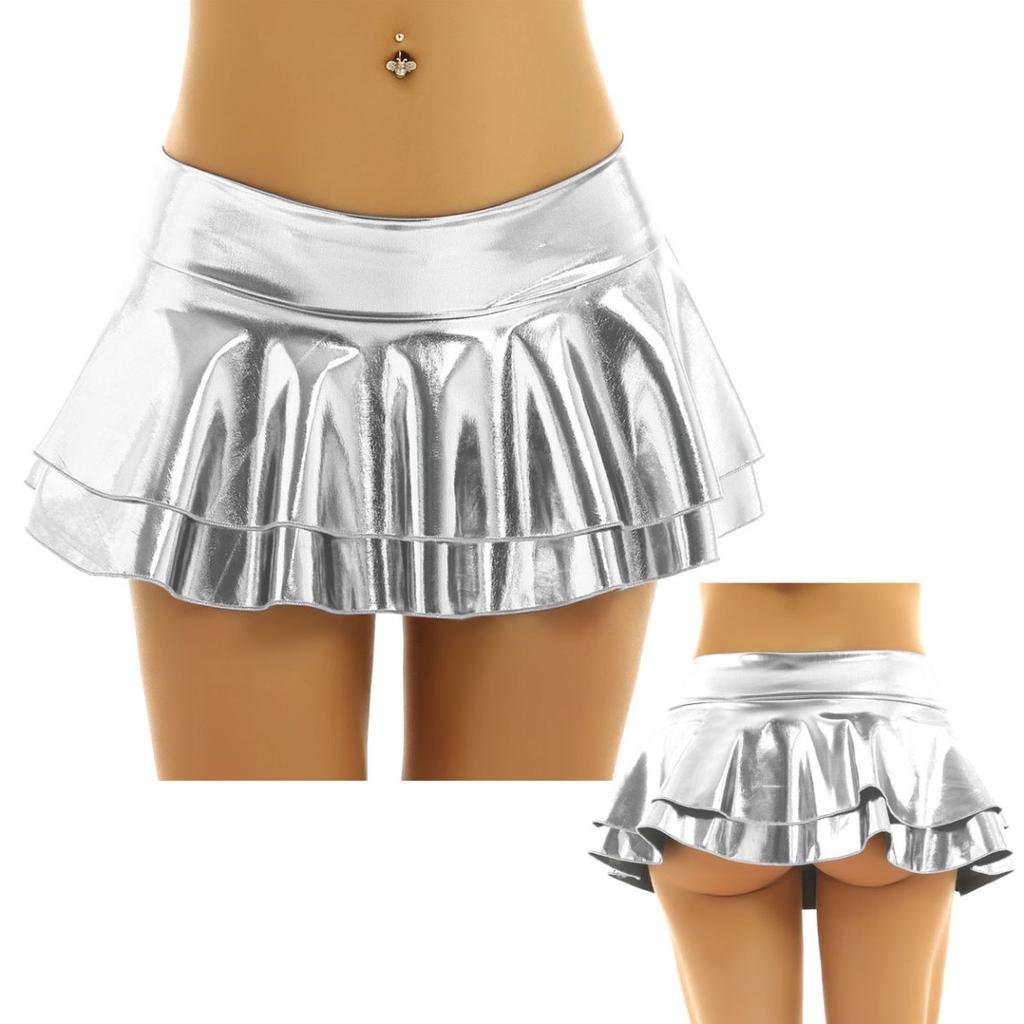 Женская сексуальная металлическая мокрая кожаная многослойная плиссированная мини-юбка с рюшами
