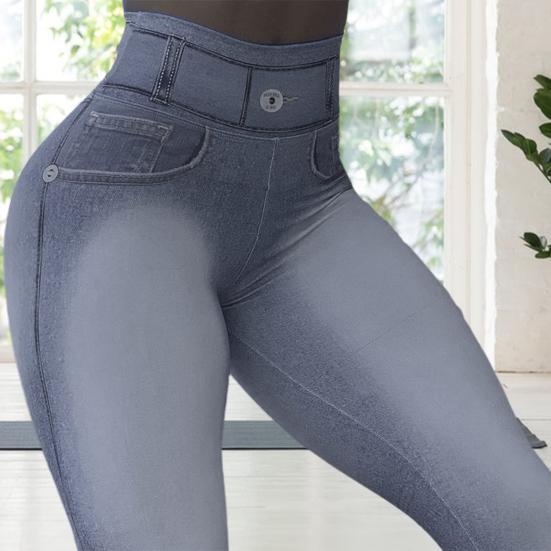 Yousheng High Waist Pockets Tummy Control Butt Lifting Fitness Leggings Gradient Color Push Up Imitation Jeans Skinny Women Yoga Pants Activewear