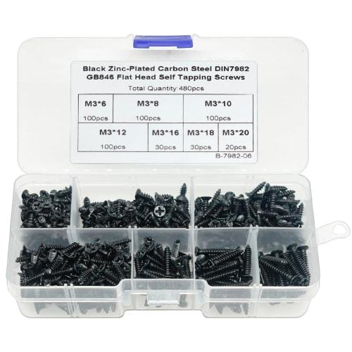 PENGLIN 480-Piece Countersunk Head Self-Tapping Screw Set, M3 3mm, Cross Recess, Carbon Steel, 7 Types, Black, with Storage Case