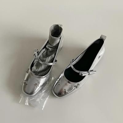 Версия из овчины~ серебристые туфли на плоской подошве, женские туфли Мэри Джейн с открытым верхом, с ремешком-пряжкой и бантом, универсальные маленькие кожаные туфли