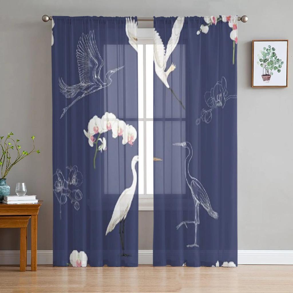White Heron Cockatoo Parrot Sheer Curtains for Living Room Transparent Tulle Window Curtain Bedroom Kitchen Decor Veil Drapes