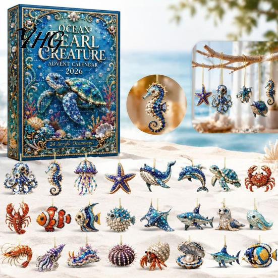 24 Day Countdown Calendar Marine Life Advent Calendars 2026, Days Christmas with 2D Acrylic Seasonal Home Ornament Turtle Lobster Ornaments, Cute Sea