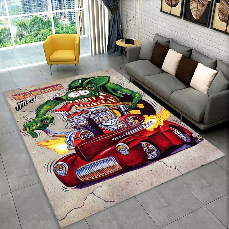 3D Rat Fink Cartoon Racing Car Moto Sign Carpet Rug for Bedroom Living Room Sofa Doormat Home Decor,Kid Game Area Rug Non-slip
