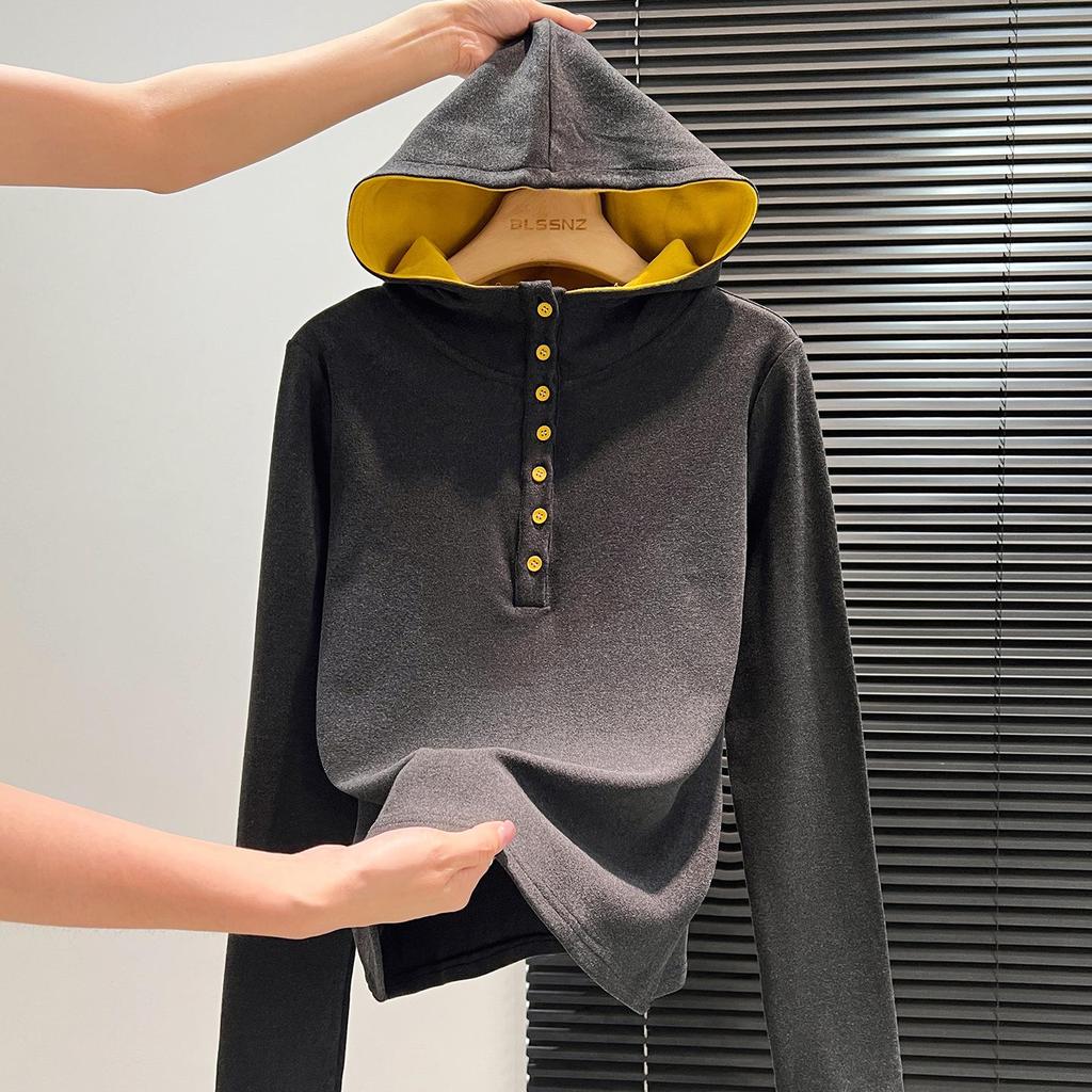 2025 Autumn/Winter Women's Color Block Hooded Velvet Top