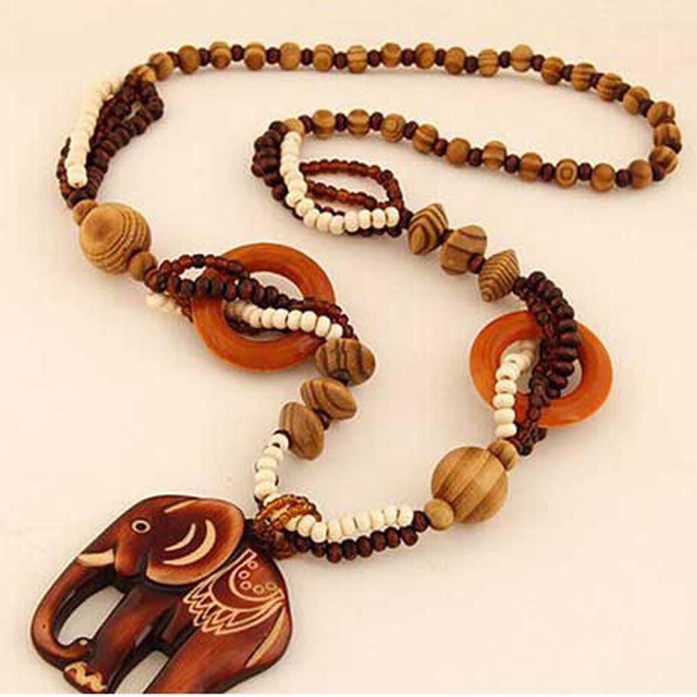 Wholesale Price Hot Sale for Women Necklace Long Hand Made Bead Wood Elephant Pendant Ethnic Style