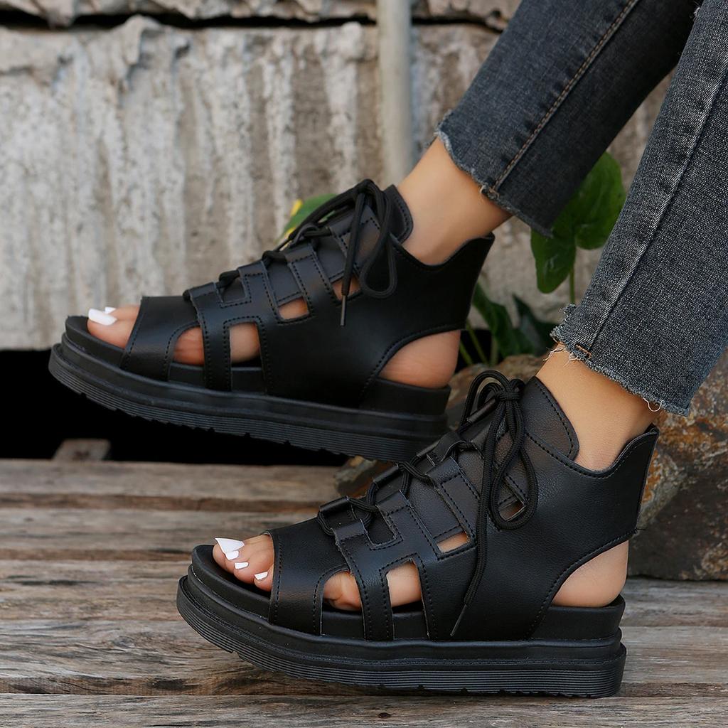 Модные женские босоножки ручной работы в стиле ретро на платформе из искусственной кожи с открытым носком и шнуровкой на танкетке, классные ботинки в стиле гладиаторского кроя с ремешком на толстой подошве