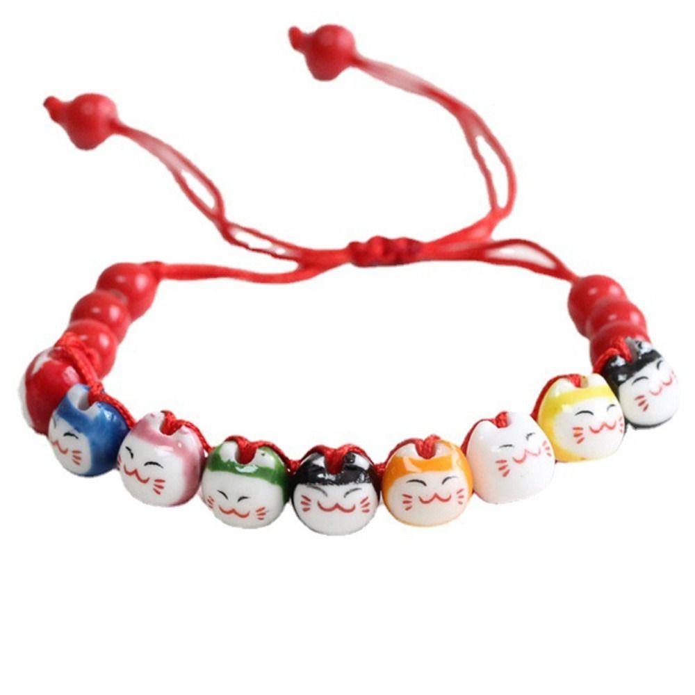 Керамический браслет ручной работы Maneki Neko Lucky Cat с красной нитью, ручная веревка, браслет из бисера с котом для девочек