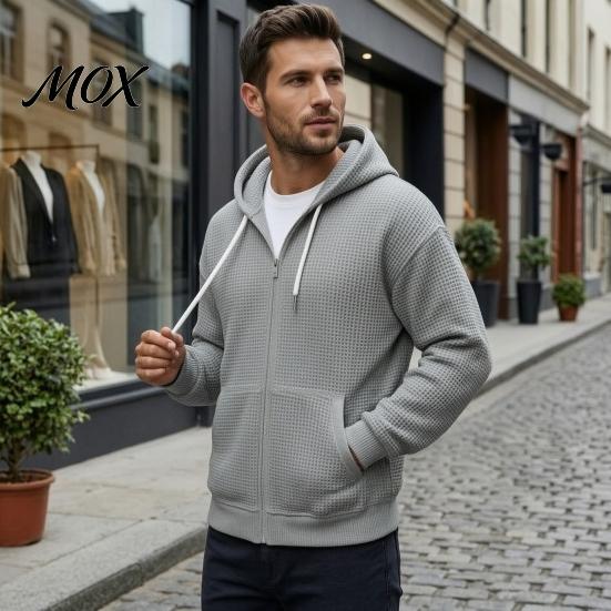 Mens Casual Waffle Jacket Men's Hooded Jacket, Solid Knit Zip Up Hoodie with Adjustable Functional Utility Storage Hood & Pockets, Long Sleeve