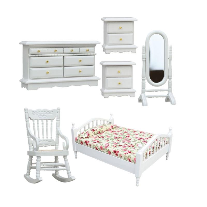 1/12 Doll House Bedroom Furniture Accessory Set Natural Wood Scene Display Bed Cabinet Craft Model Project Decoration