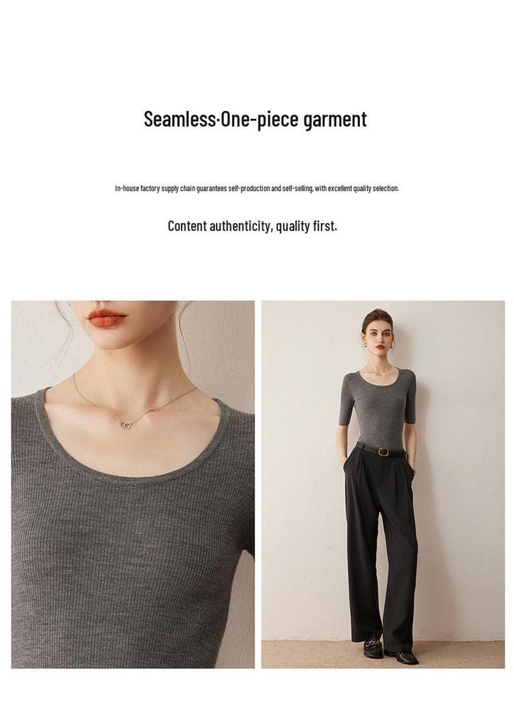 2026 Autumn/Winter Women's Slim Fit Five-Sleeve Wool Sweater, Round Neck