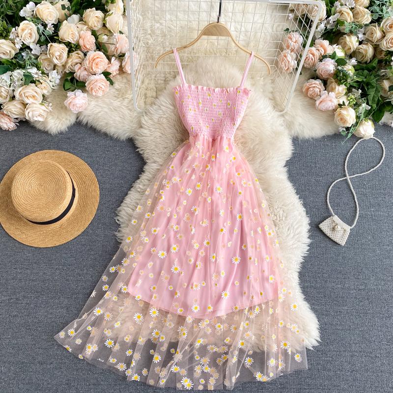 Fashion Daisy Flower Print Mesh Party Dress Women Summer Elegant Spaghetti Strap Vacation Midi Dress Vinatge Beach Clothes New