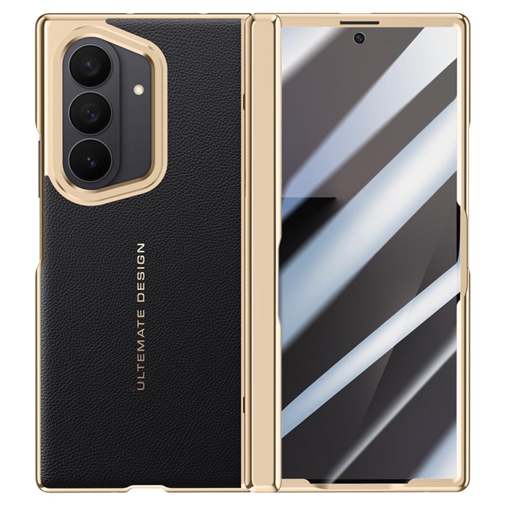 For Samsung Galaxy Z Fold7 5G Case Leather+PC Electroplated Phone Cover with HD Tempered Glass Film,Lens Kickstand