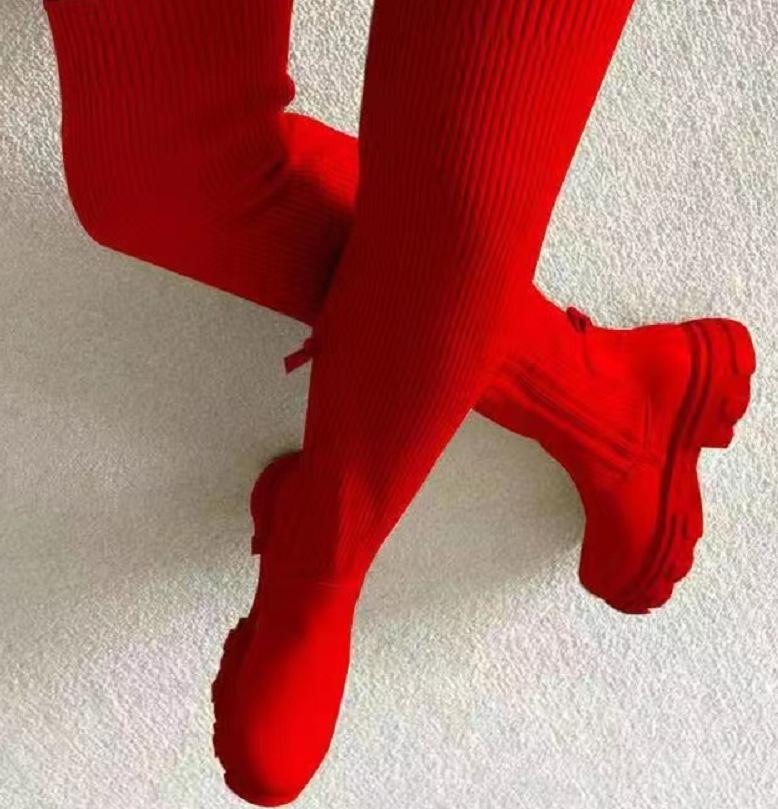 Ботинки большого размера, женские осенние новые ботфорты большого размера с круглым носком из мушиной вязки для женщин