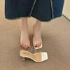 One-word slippers women's summer wear new square head crystal thick heel transparent sexy high heel cool slippers women