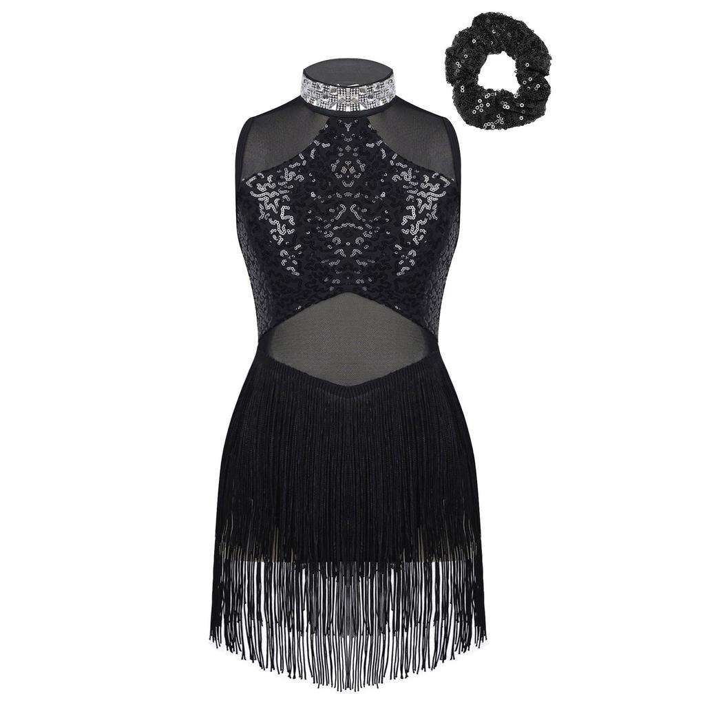 Girls Rhinestone Decorated Collar Leotard Sequins Mesh Patchwork Tassel Hem with Hair Tie