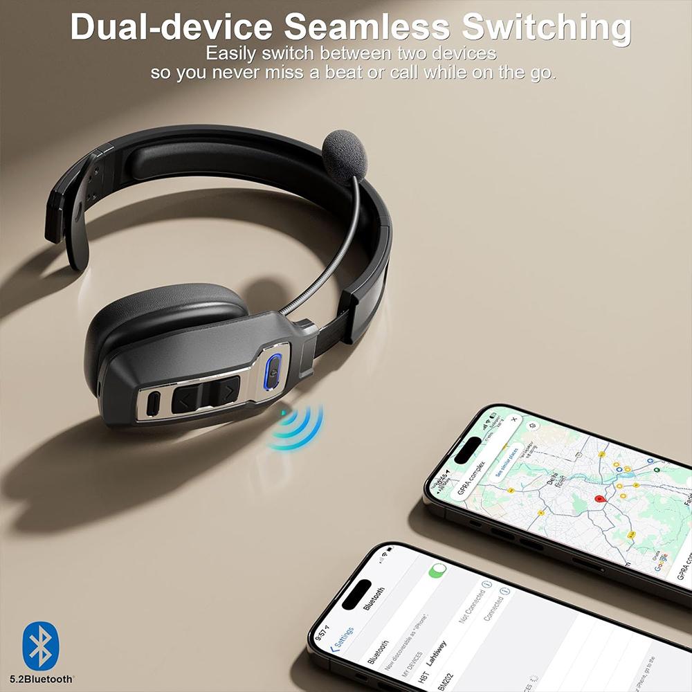 Bluetooth-гарнитура с микрофоном, Bluetooth-гарнитура для дальнобойщиков с ИИ-шумоподавлением и кнопкой отключения звука, Беспроводные накладные наушники