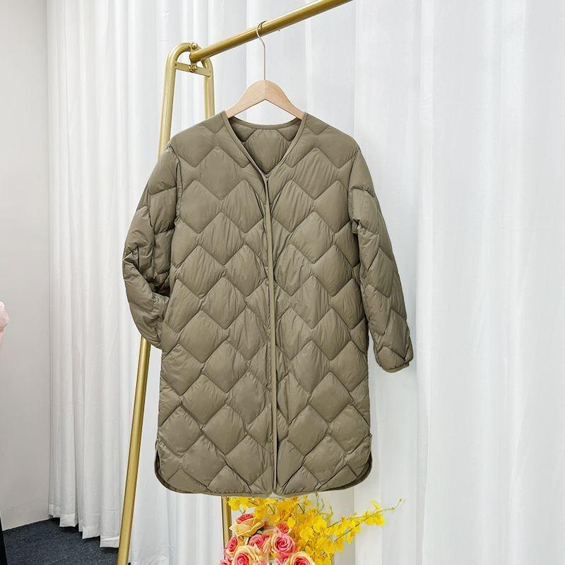 Осень и зима новая легкая пуховая куртка женская средней длины с длинным воротником длинная куртка-подкладка без воротника