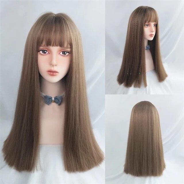 Темно-синий длинный прямой синтетический парик Лолиты для косплея с челкой для женщин, вечерние головные уборы, красные, розовые, светлые волосы