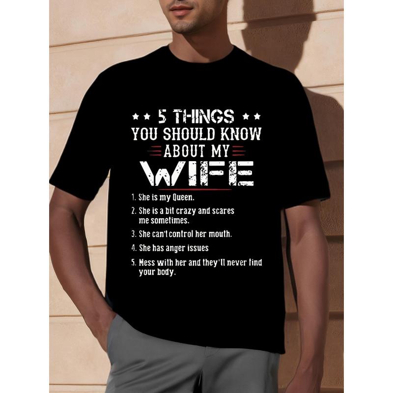 Funny Husband Gift - "5 Things About My Wife" Marriage Humor T-Shirt - Black with Bold White Text - Breathable Fabric Regular Fit Tee - Anniversary