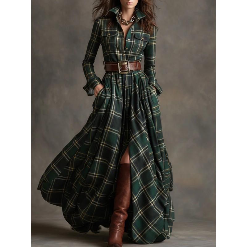 Womens French Vintage Plaid Long Dress With Lapel Collar Fit Knit Fabric 2025