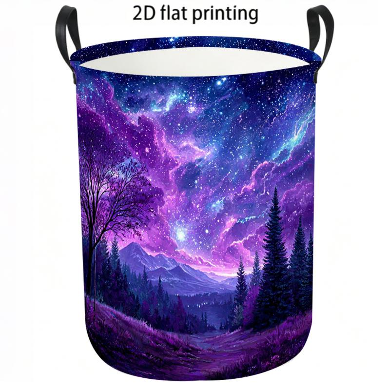 1pc Laundry Basket, Dreamy Purple Starry Night Sky Forest Pattern Dirty Clothes Basket, Large Capacity Foldable Storage Hamper, Portable Organizer for