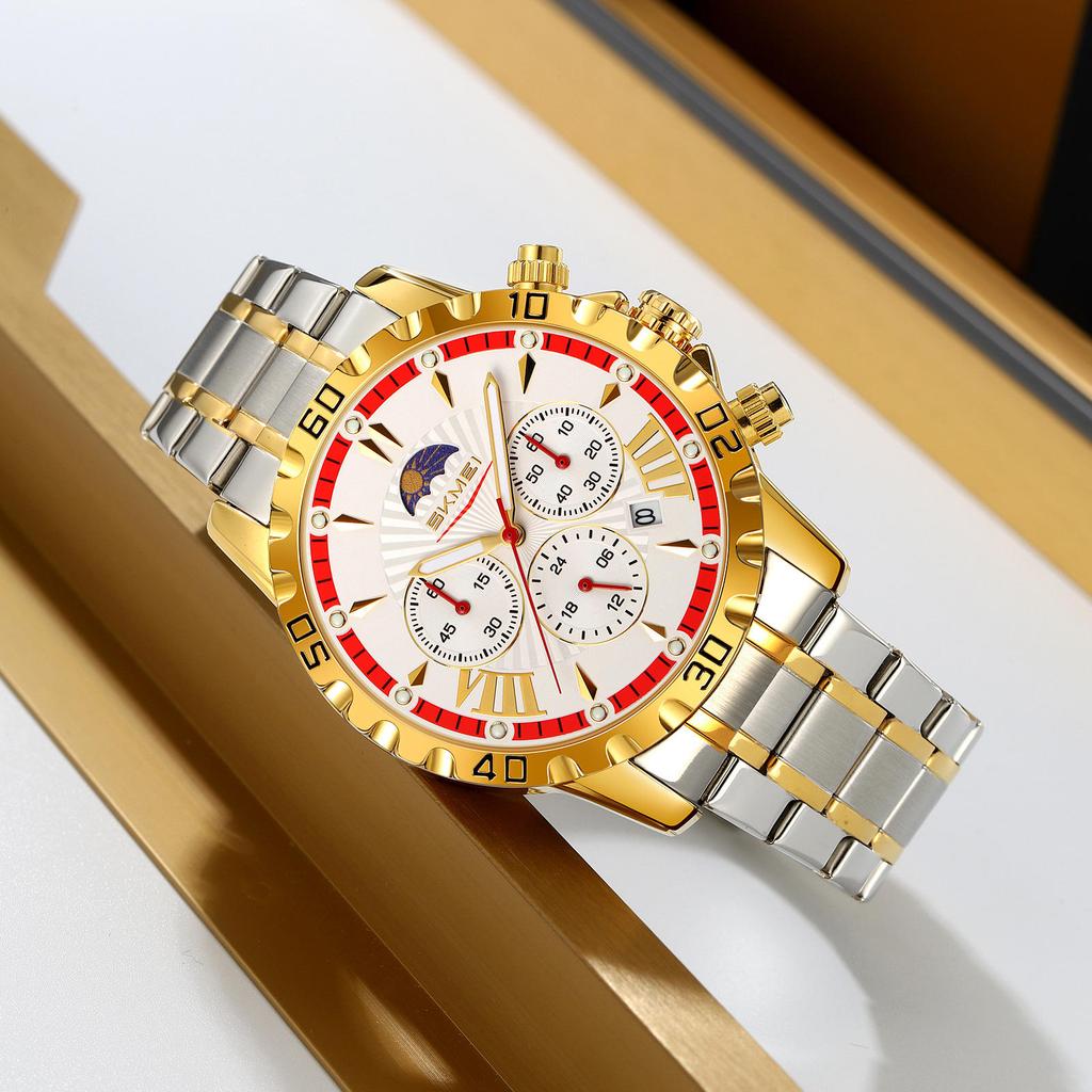 Роскошные золотые часы для мужчин, модные водонепроницаемые мужские наручные часы с фазами Луны, кварцевые мужские часы Relogio Masculino