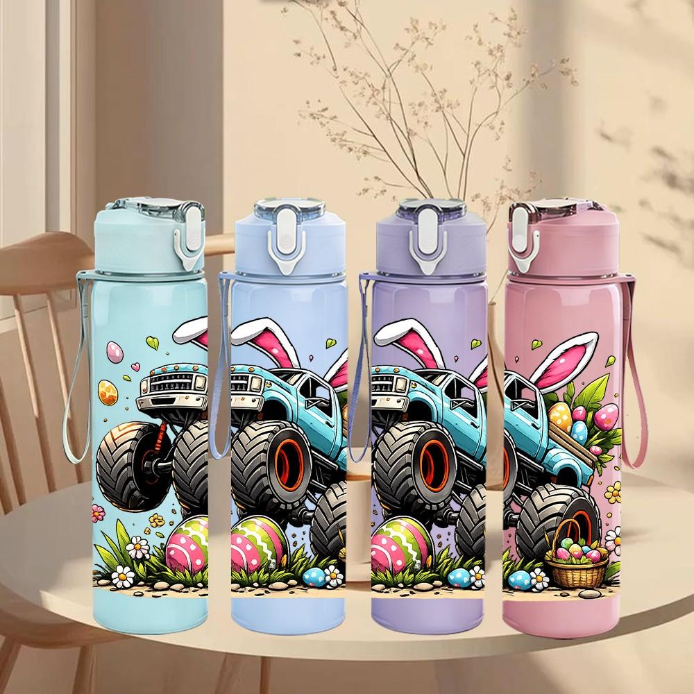 1PC Easter Bunny Monster Truck Print 750ml Color Plastic Sports Water Bottle Leakproof Flip Straw Lid Suitable for Sports Office Home Use