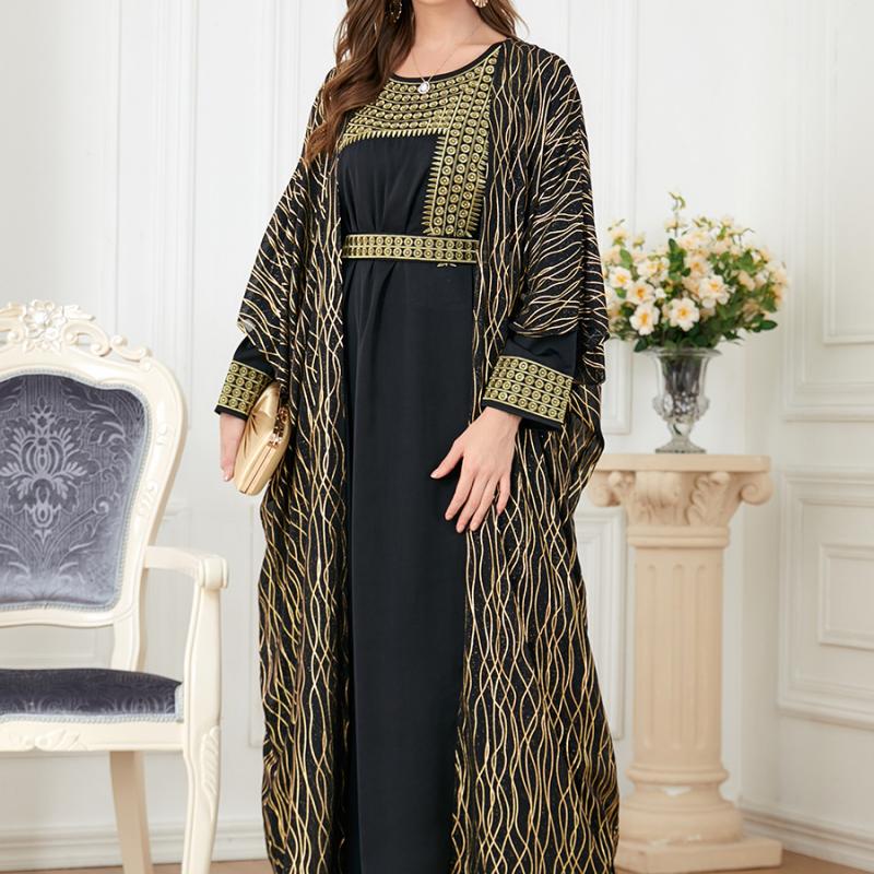 Ближневосточное мусульманское женское абайя с круглым вырезом, вышитым и позолоченным, с длинными рукавами, европейское и американское внешнеторговое платье из двух частей