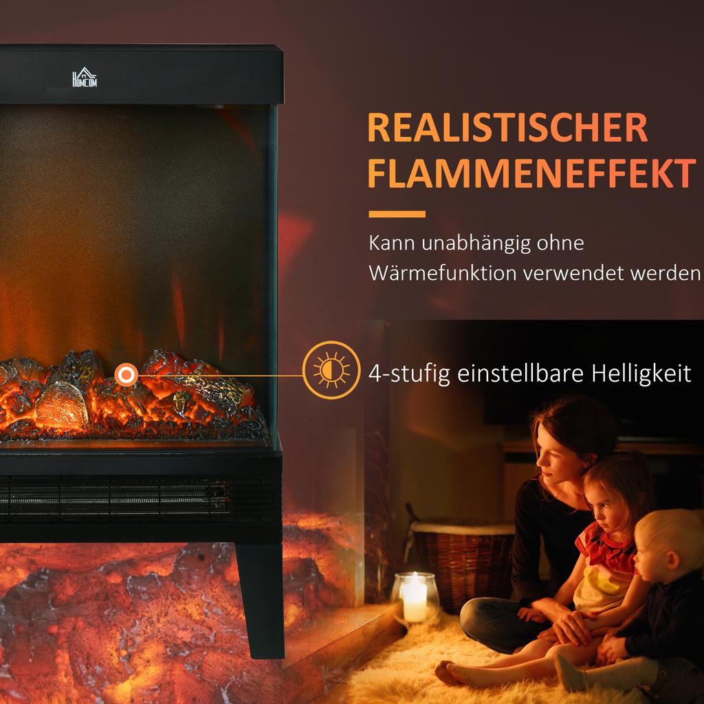 Electric Fireplace, 2000 W, Freestanding with Heating, LED 3D Flame Effect, 4 Brightness Levels, with Thermostat, Overheat Protection, Black