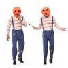 Adult Unisex Men Women Pumpkin Headgear Striped Shirt Patch Overalls Jumpsuit Sets Halloween Cosplay Costumes Party Outfit