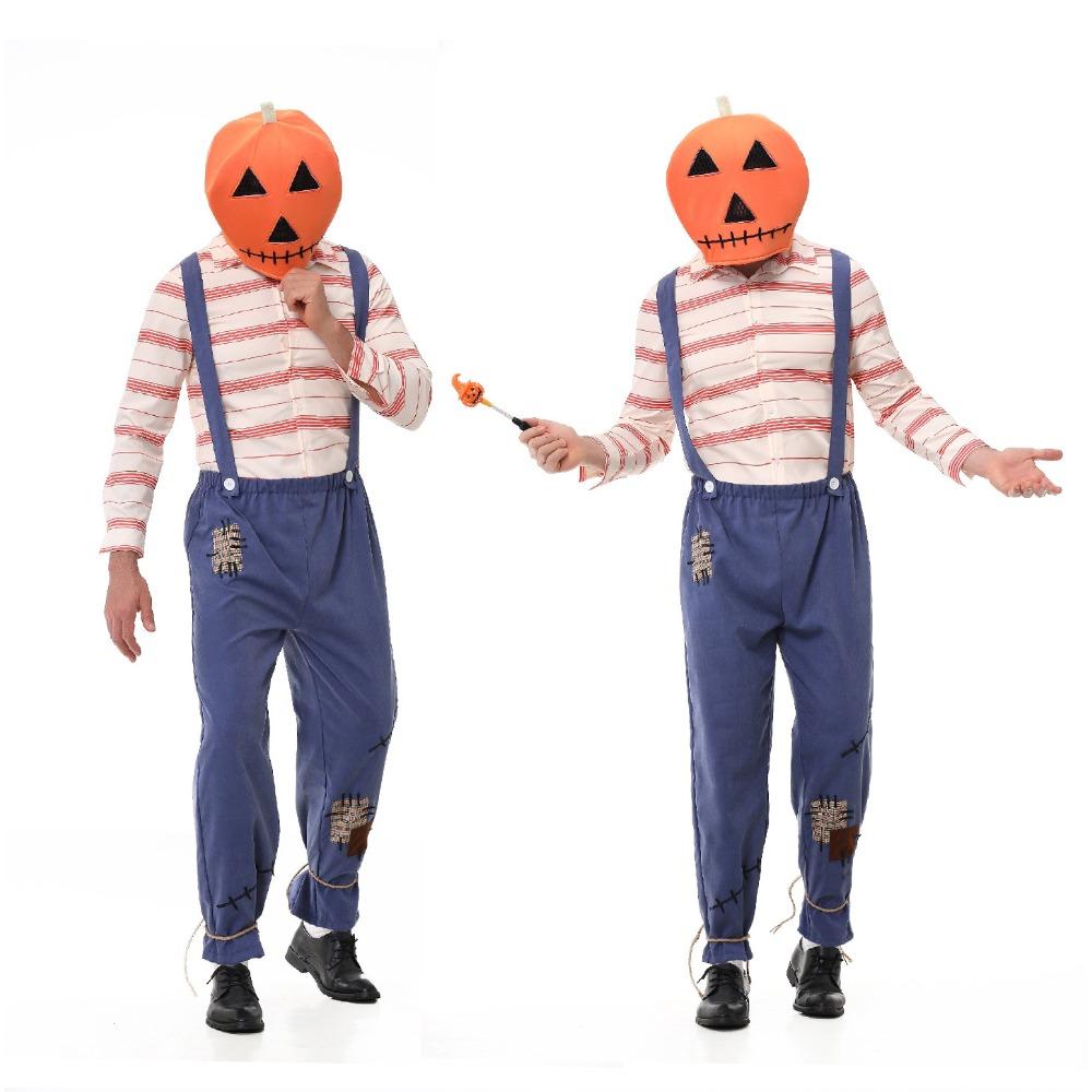 Adult Unisex Men Women Pumpkin Headgear Striped Shirt Patch Overalls Jumpsuit Sets Halloween Cosplay Costumes Party Outfit