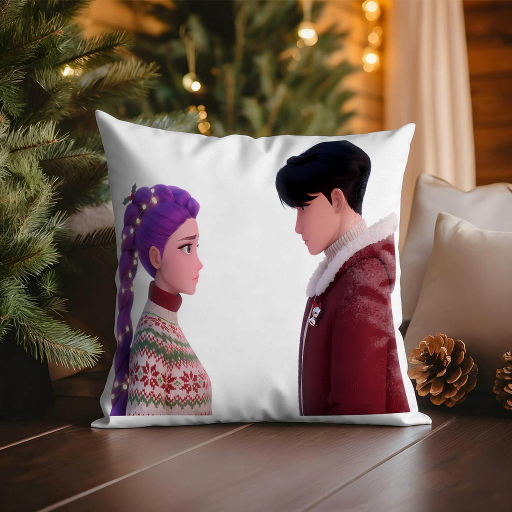 KPop Demon Hunters Blue Cat wearing Christmas Hat with Colorful Lights Christmas Pillowcase fashion Home Decoration