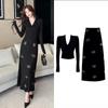2025 Autumn V-neck Black Knitted Dress Set with Sequin Midi Skirt for Women