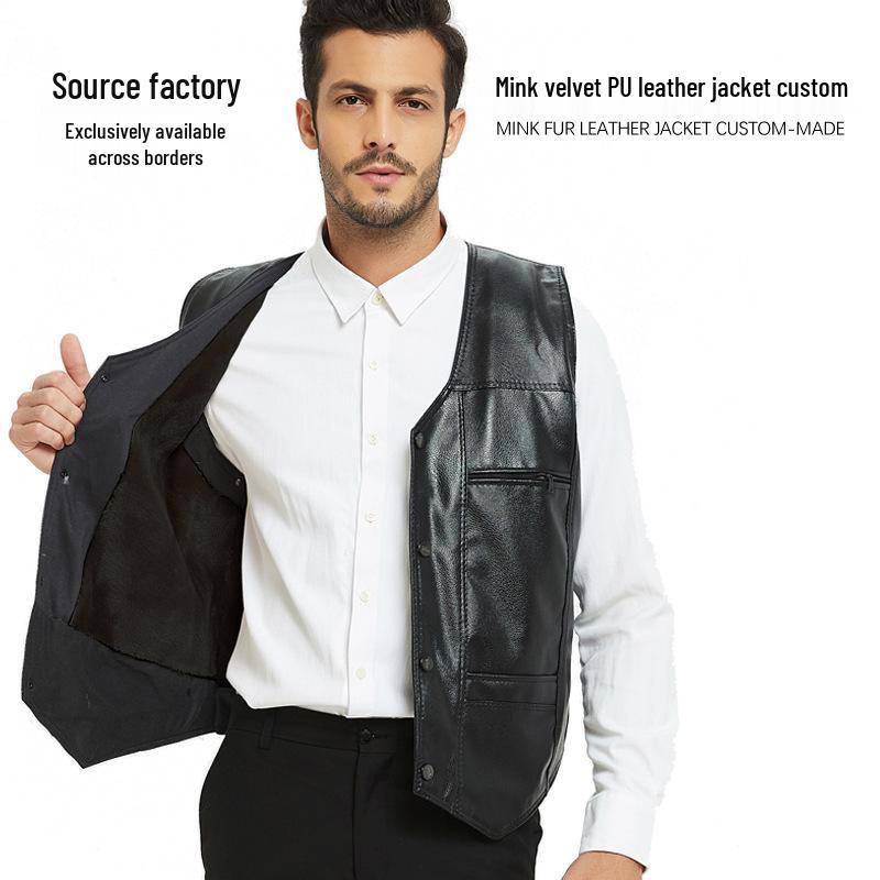 Мужская кожаная жилетка на флисовой подкладке с множеством карманов для осени и зимы - Стиль с V-образным вырезом для пап и пожилых людей