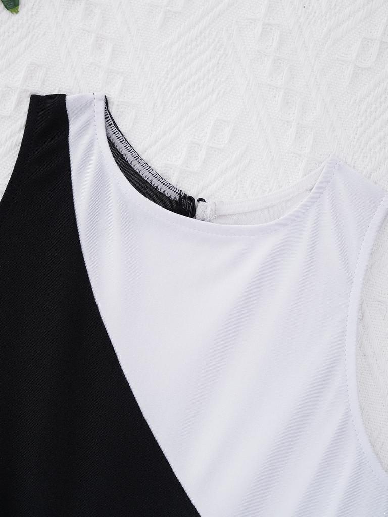 Сетчатый купальник для танцев в стиле пэчворк для девочек, без рукавов, с круглым вырезом и открытой спиной, контрастный цвет, гимнастический костюм