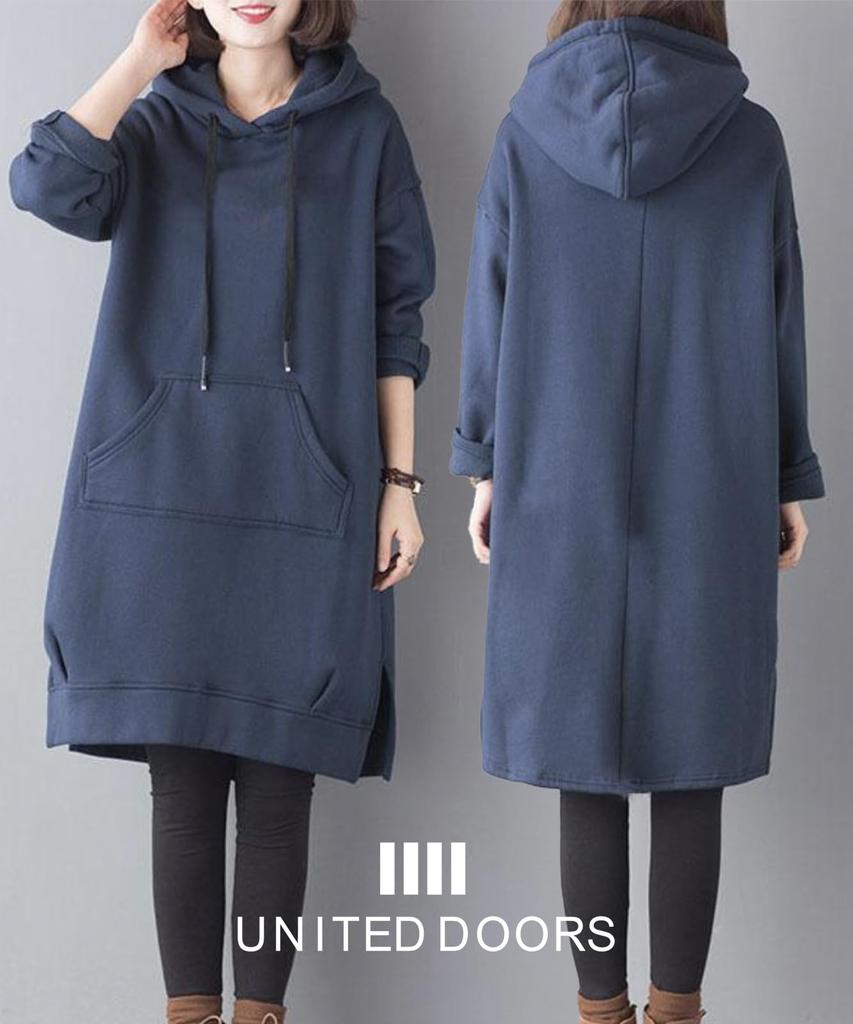 Doors Dress, Cut and Sewn Casual Dress, Stylish Harajuku Style, Oversized, Loose Fit, Long Parka, Blue, Size 4A-D13-BL2XL