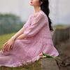 Женское летнее платье А-силуэта с круглым вырезом и короткими рукавами, модное повседневное винтажное однотонное платье с плетением
