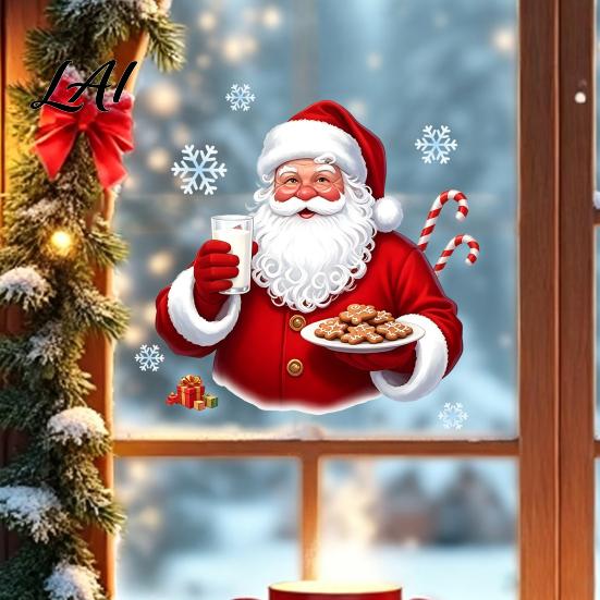 Durable PVC Festive Decals Christmas Santa Claus Window Clings Reusable Static Holding Milk And Cookies Holiday Glass Decals Winter Sticker