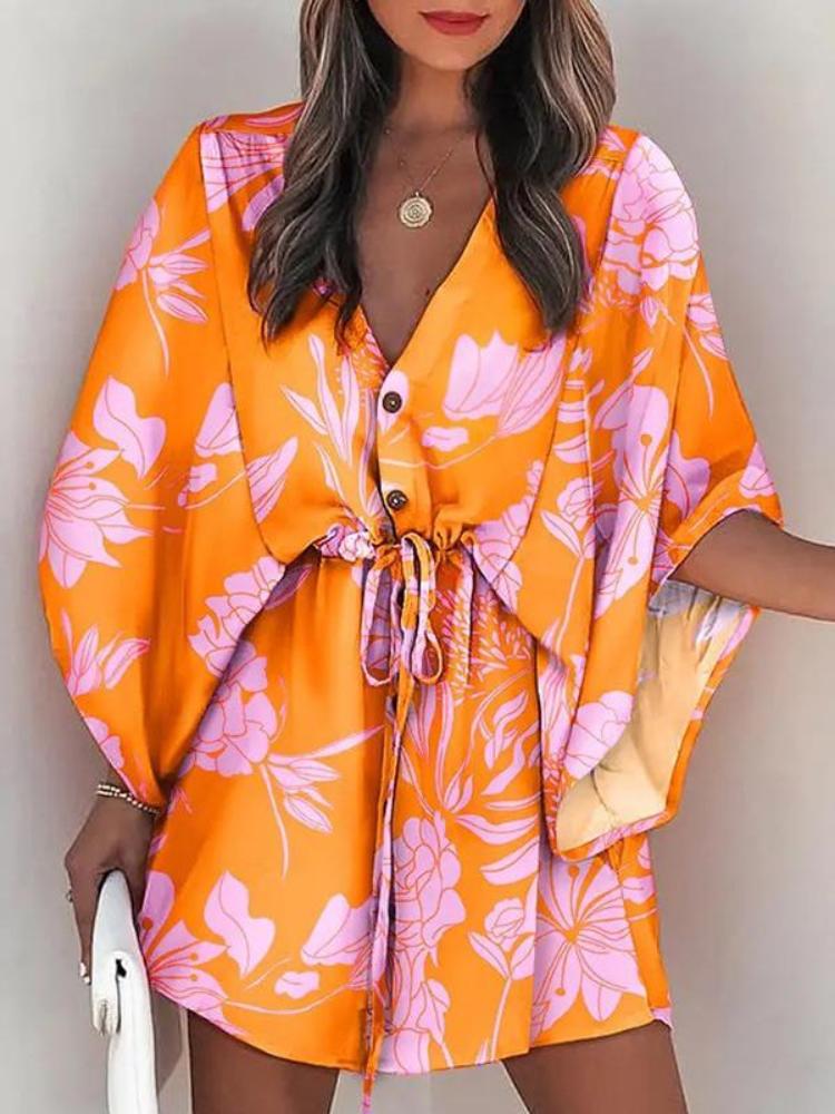 Летнее мини-платье женское с принтом, рукавами «летучая мышь», на шнуровке, с v-образным вырезом, свободные платья на пуговицах, женское пляжное вечернее платье