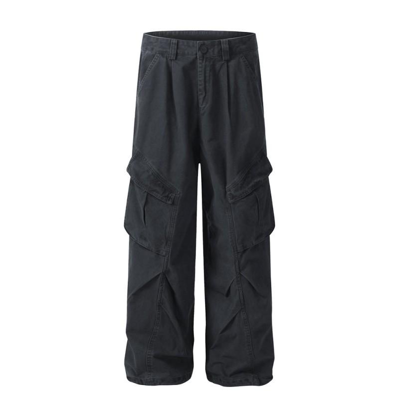 Mens Oversized Cargo Pants With Distressed Wash Effect Loose Straight Leg Trousers Streetwear Casual Wear