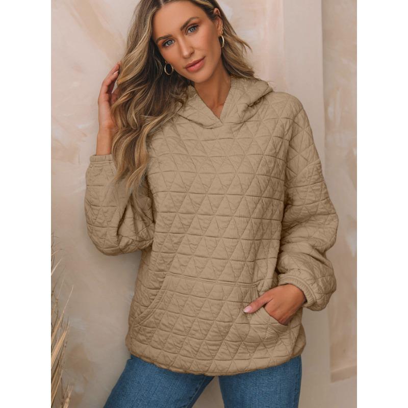 Autumn Solid Color Women's Hooded Sweatshirt Casual Wind Pocket Quilted Long Sleeve Top
