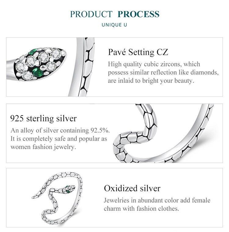BAMOER 925 Sterling Silver Green Zircon Snake Opening Ring Irregular Adjustable Ring for Women Original Design Jewelry