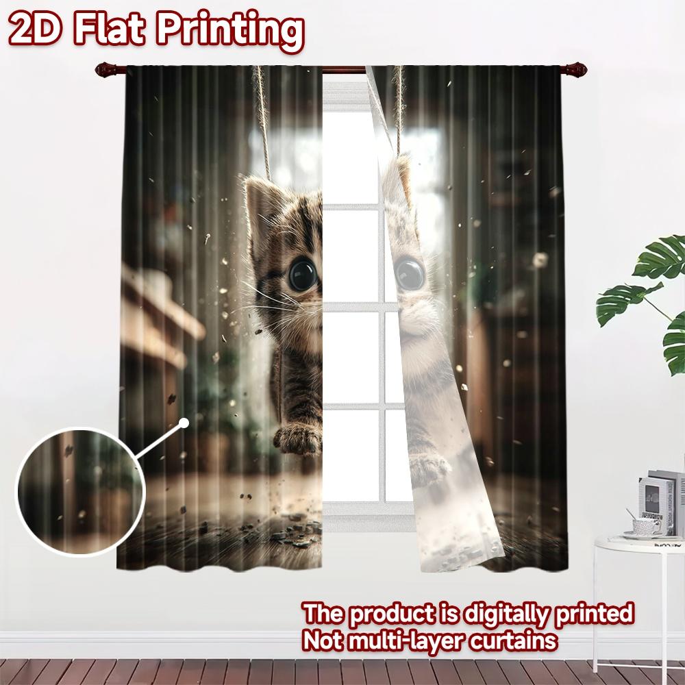 2D flat printing 2pcs Curtain Drapes Playful Kitten Swinging Digital Printed Polyester Drapes Seasonal Party & Holiday Decor for