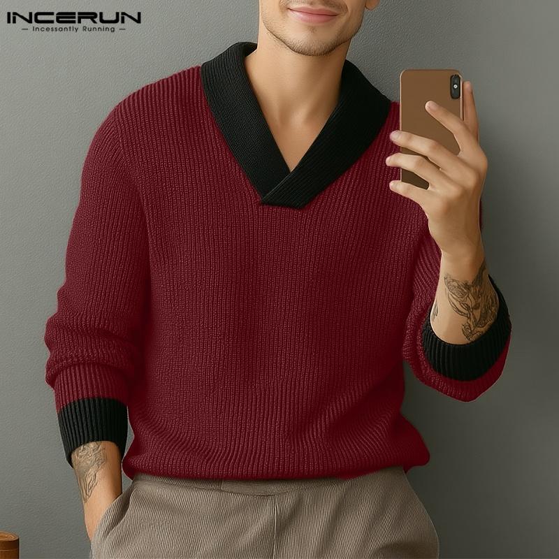 INCERUN Spring Autumn Men Long Sleeve Stitching Casual Loose Knitted Pullovers Tops