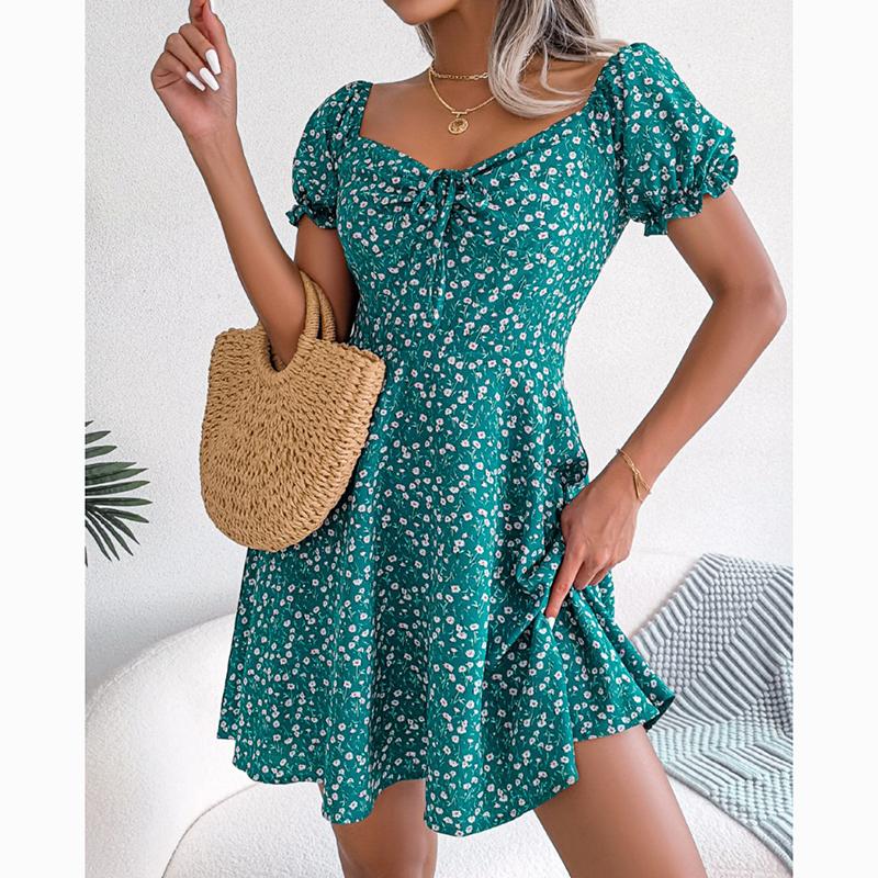 Летнее повседневное сексуальное платье с расклешенными рукавами, женское короткое платье на шнуровке со шнуровкой и цветочным принтом, женские элегантные винтажные тонкие платья трапециевидной формы 24115