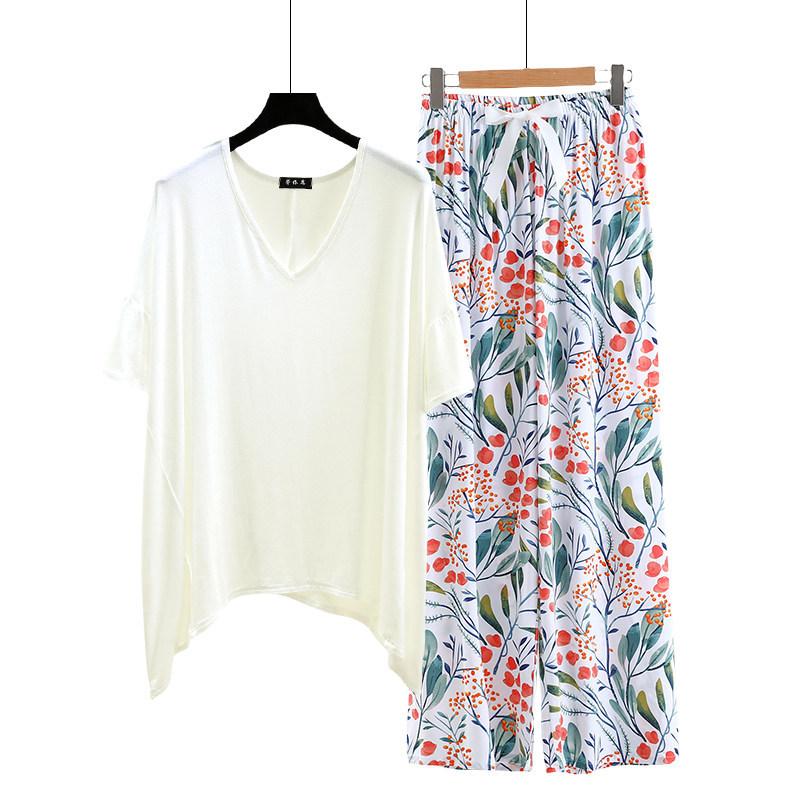 Необычная футболка и широкие брюки с цветочным принтом летние женские повседневные пижамные комплекты Костюм для дома с коротким рукавом Свободный легкий костюм для отдыха Большие размеры