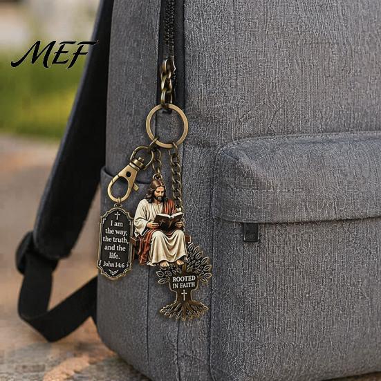 3-In-1 Keychain Jesus Reading Keychain, Vintage Man Tree of Life Scripture Baptismal Car Key Ring Handbag Charm, Gift for Christian Charm