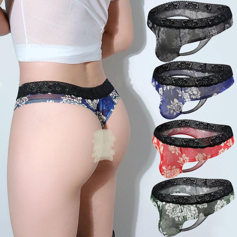 Men's Underwear Mesh Printing Thongs Lace Transparent Sexy Thongs U Breathable Transparent Thongs
