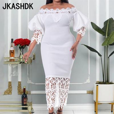 Женские модные весенне-осенние коктейльные и вечерние платья с кружевным принтом и рукавами 1/2 на одно плечо и высокой талией