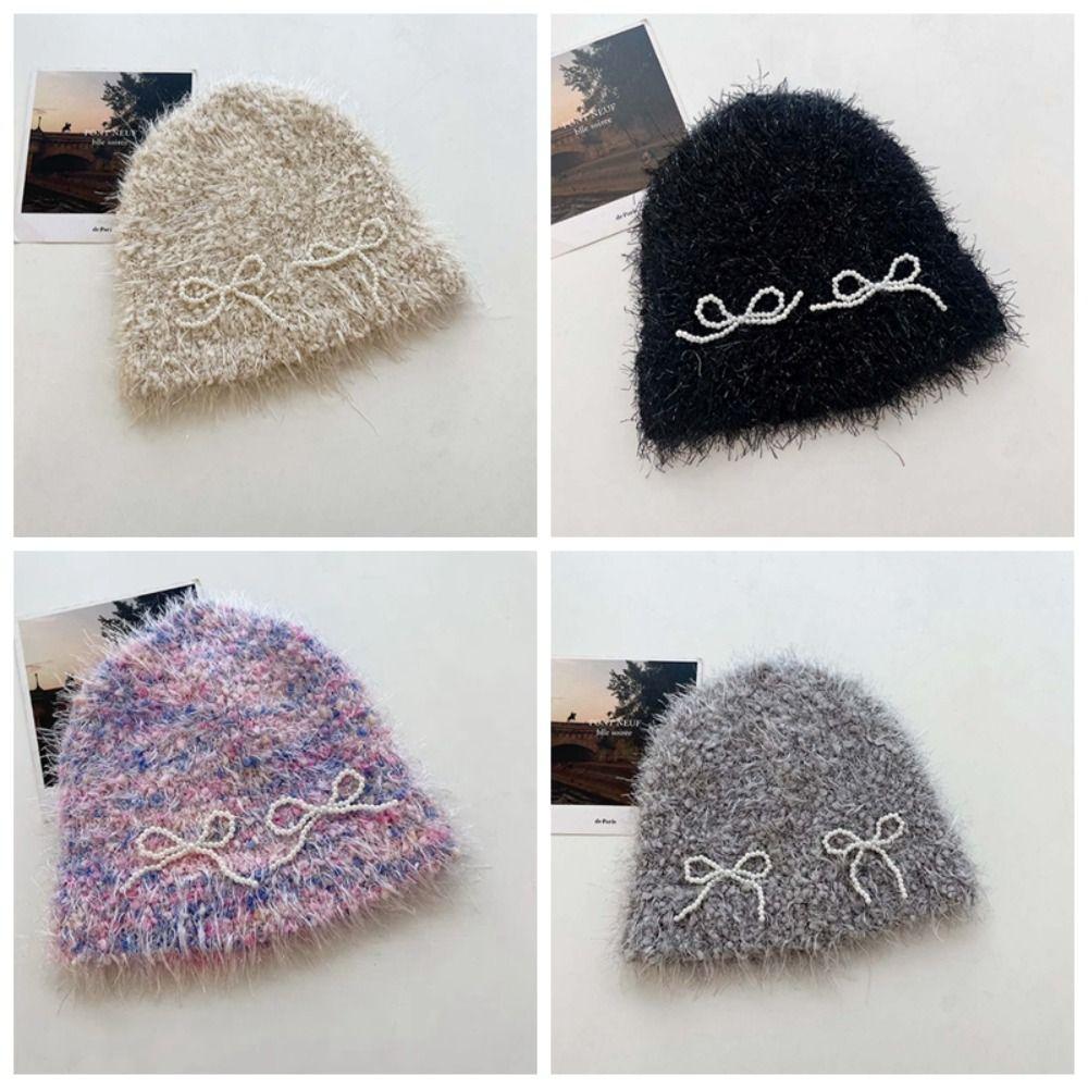 Korean Style Pearls Bow Woolen Hat Colorful Brimless Beanie Cap Knitted Pullover Hat  Women